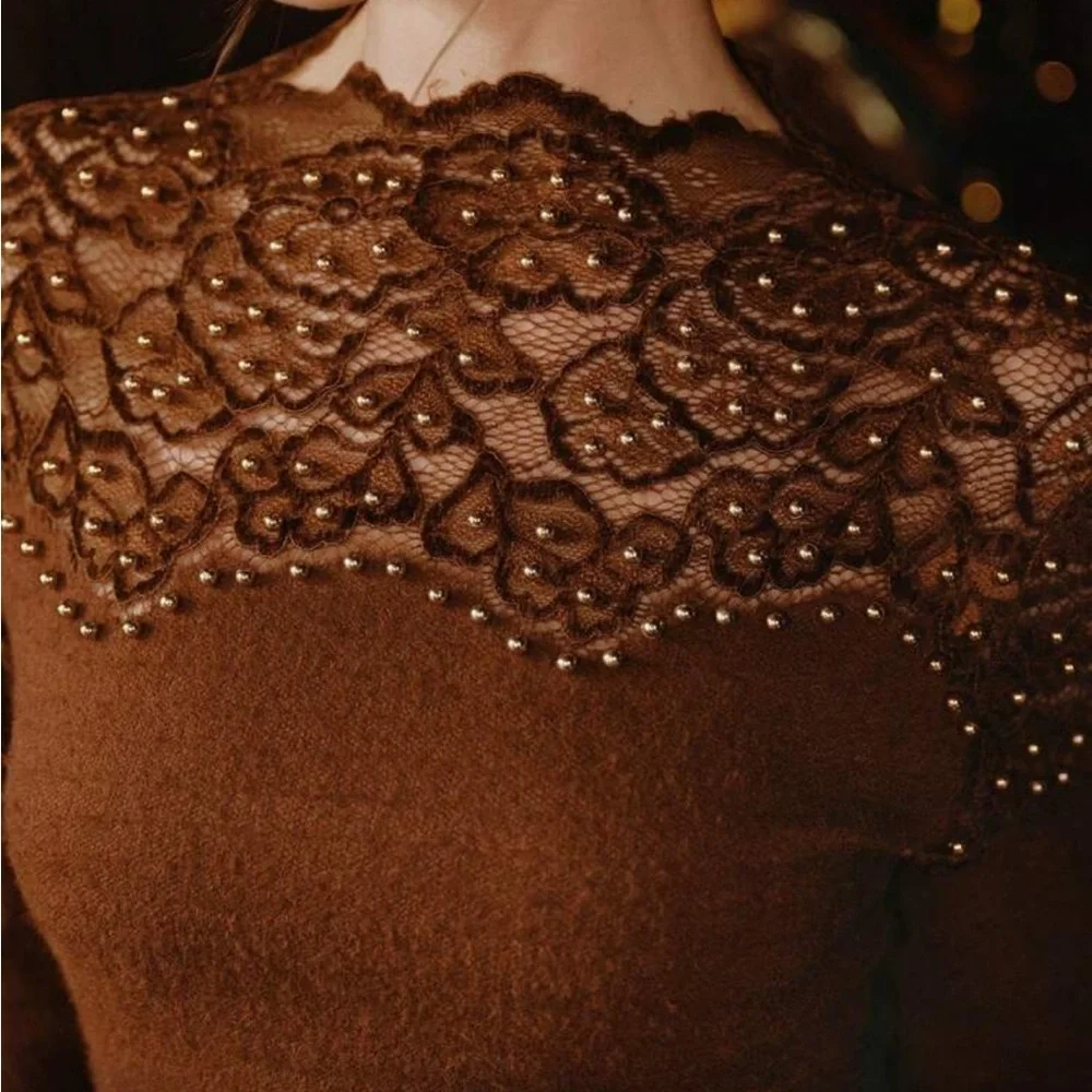 Elegant Brown Lace Top with Gold Accents